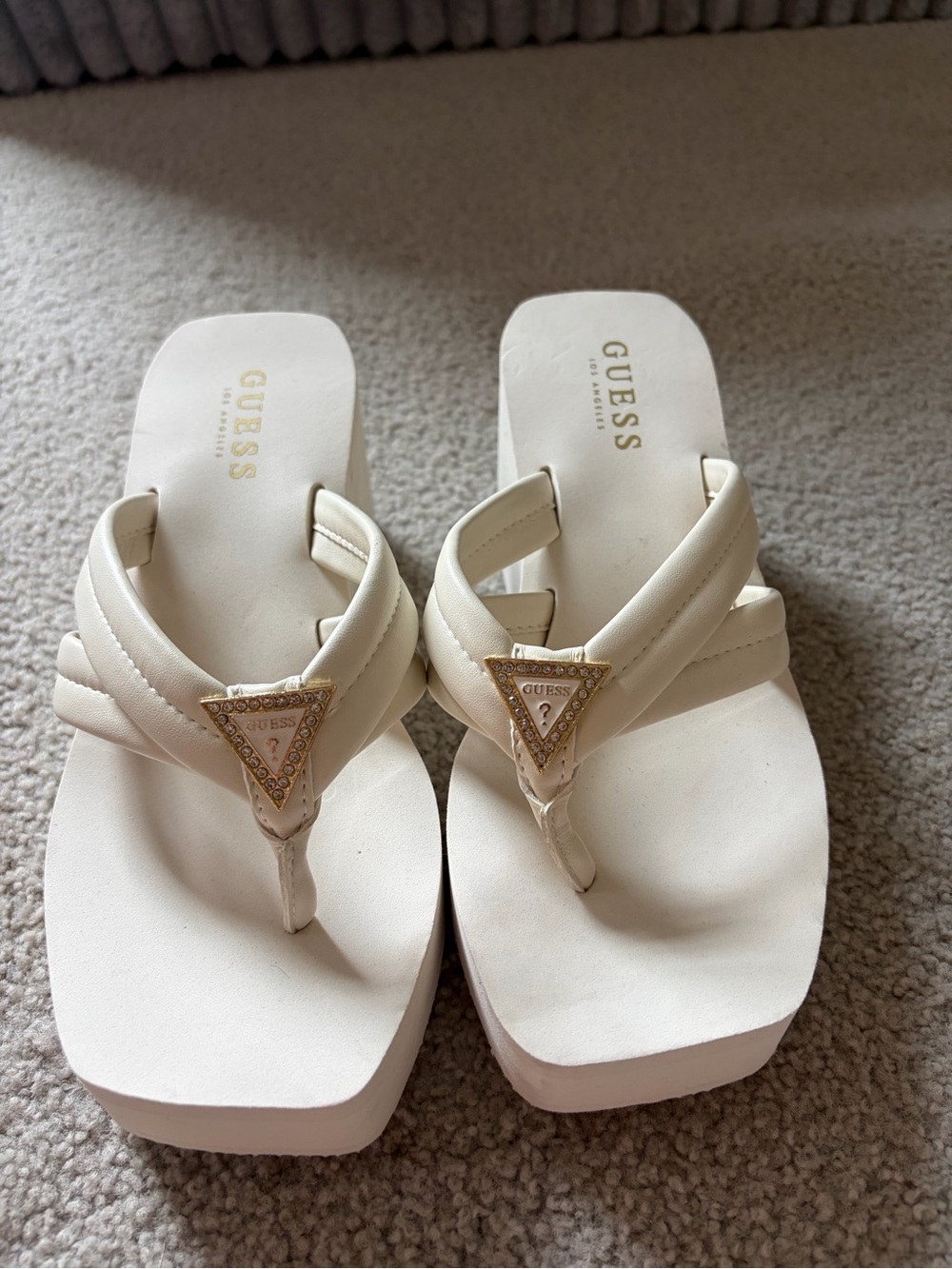 Guess Cream Platform Thong Sandals with Gold Rhinestone Triangle